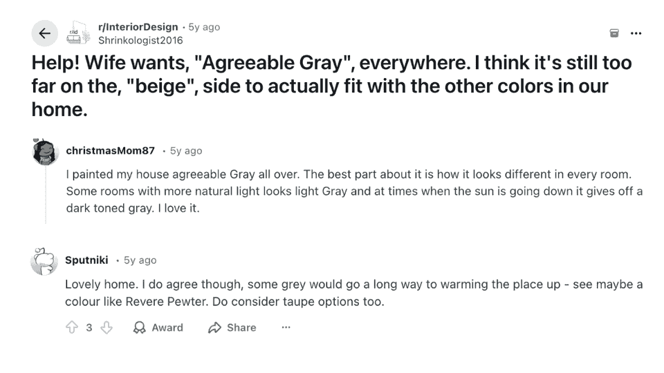 reddit chat where users share opinions on using agreeable gray and consider alternatives like revere pewter for warmth