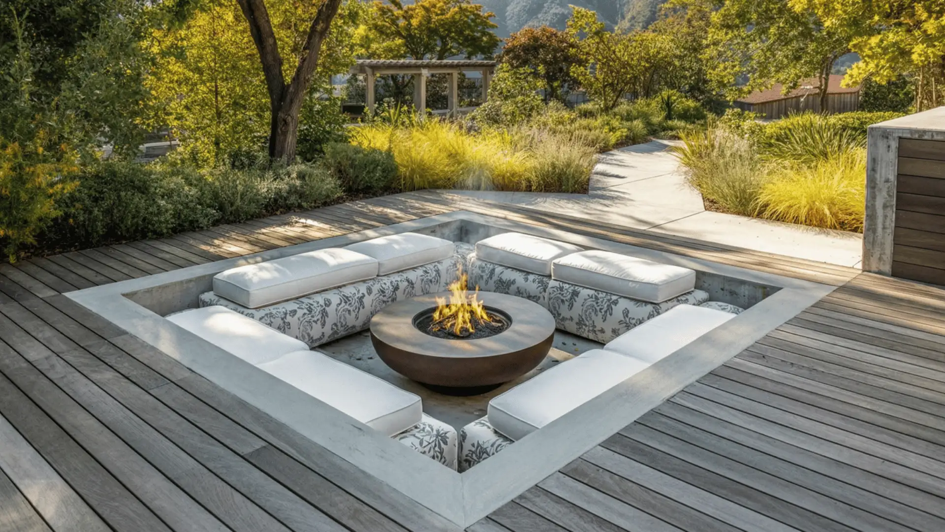 seating area is a square-shaped built-in bench with white cushions and gray floral-patterned upholstery surrounding a round copper-colored