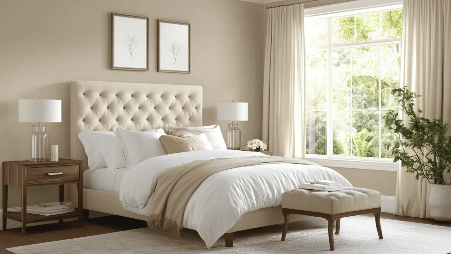serene bedroom with alpaca paint color on walls, cream tufted bed, white bedding, and soft natural light