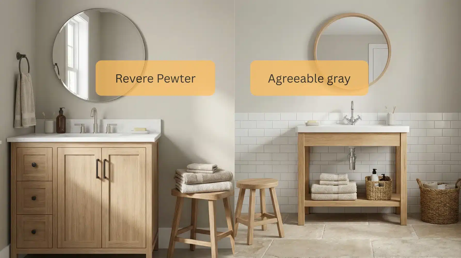 Side by side bathrooms comparing Revere Pewter and Agreeable Gray walls with wood vanities and round mirrors