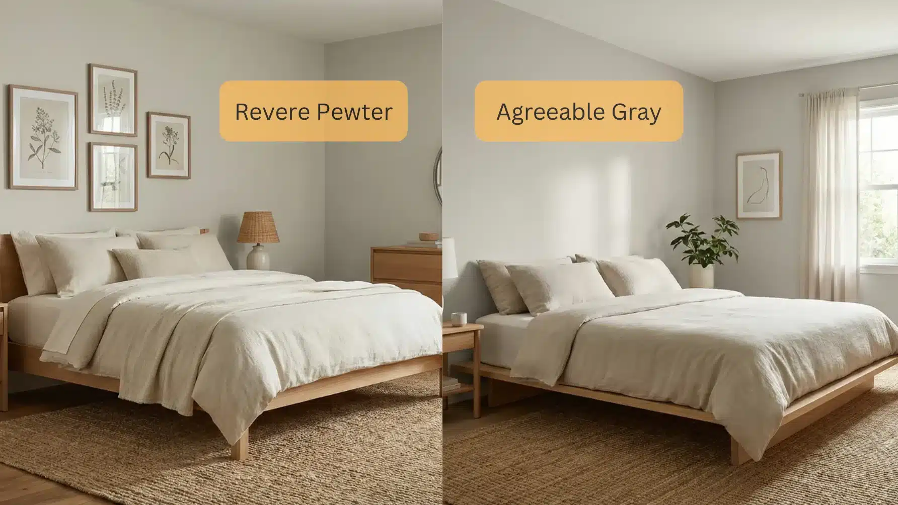 side by side bedrooms comparing revere pewter and agreeable gray walls with light wood beds, neutral bedding, and decor