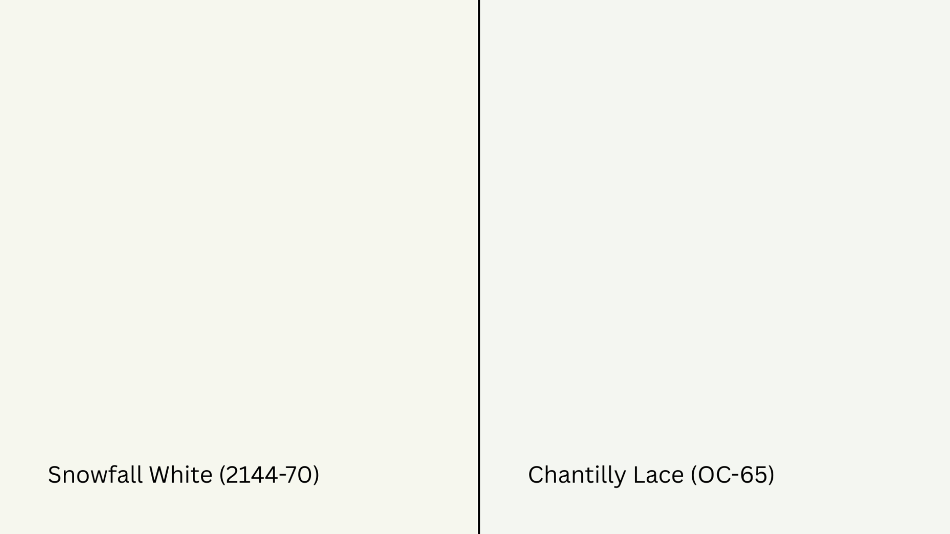 side-by-side comparison of snowfall white and chantilly lace; chantilly lace looks brighter and crisper