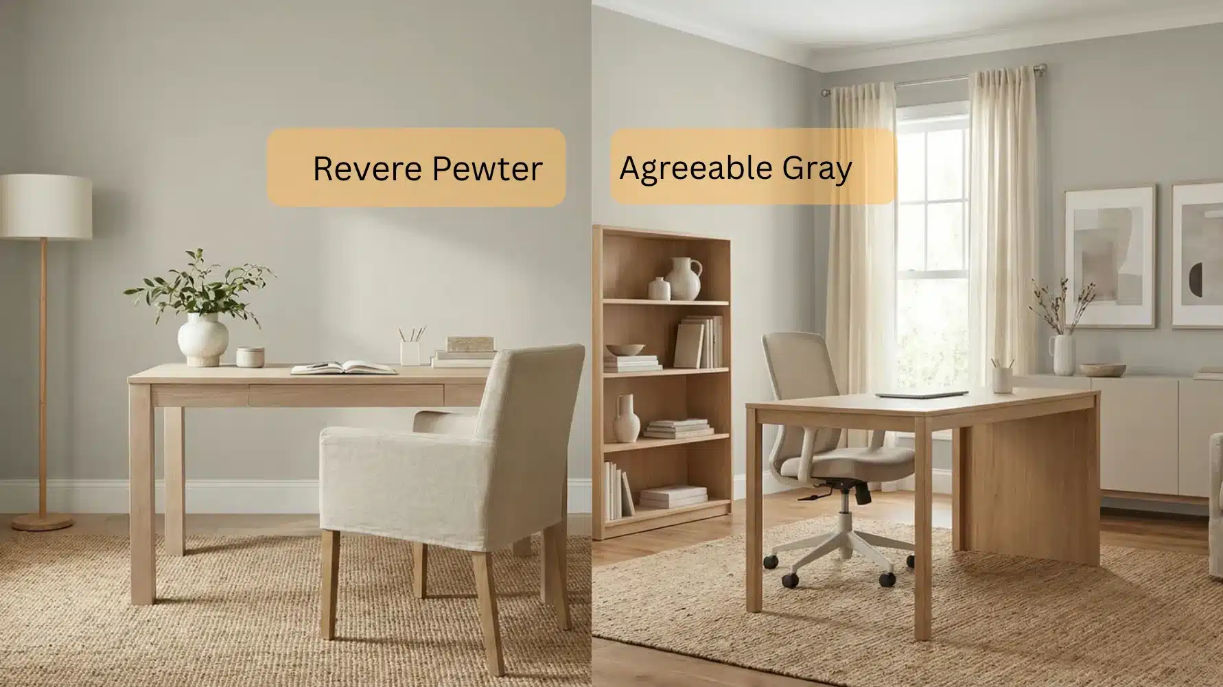 side by side home offices comparing Revere Pewter and Agreeable Gray walls with wood desks and neutral chairs