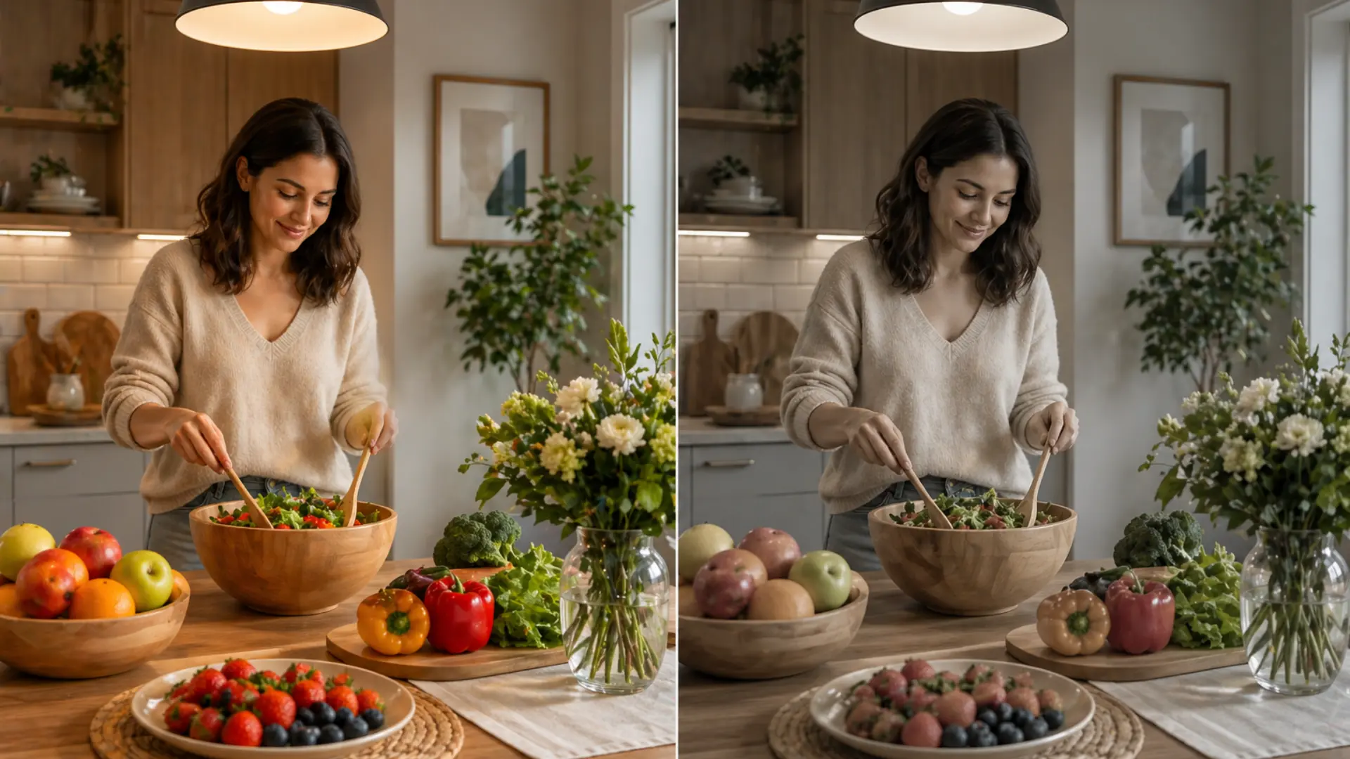 side-by-side kitchen scene with vibrant natural colors under high cri light and dull tones under low cri lighting