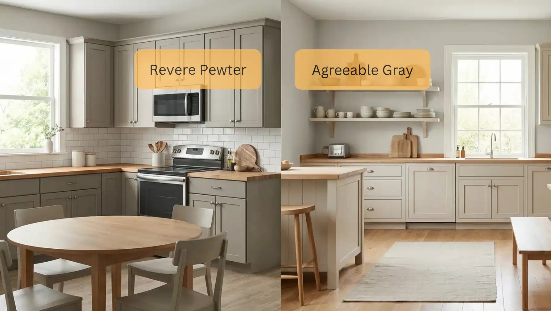 Side by side kitchens comparing Revere Pewter and Agreeable Gray with wood countertops and white backsplash