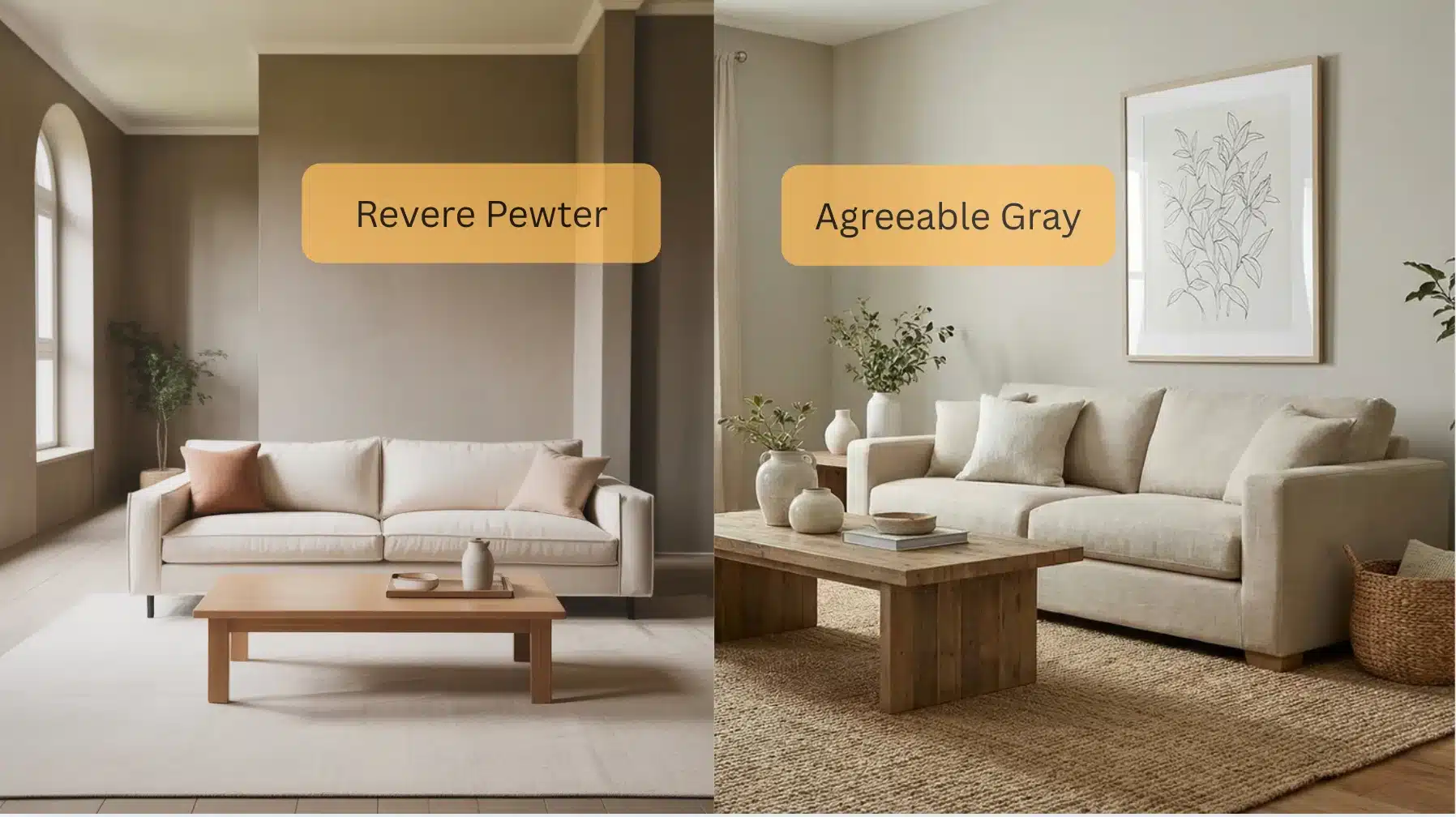 Side by side bedrooms comparing Revere Pewter and Agreeable Gray walls with light wood beds and neutral bedding