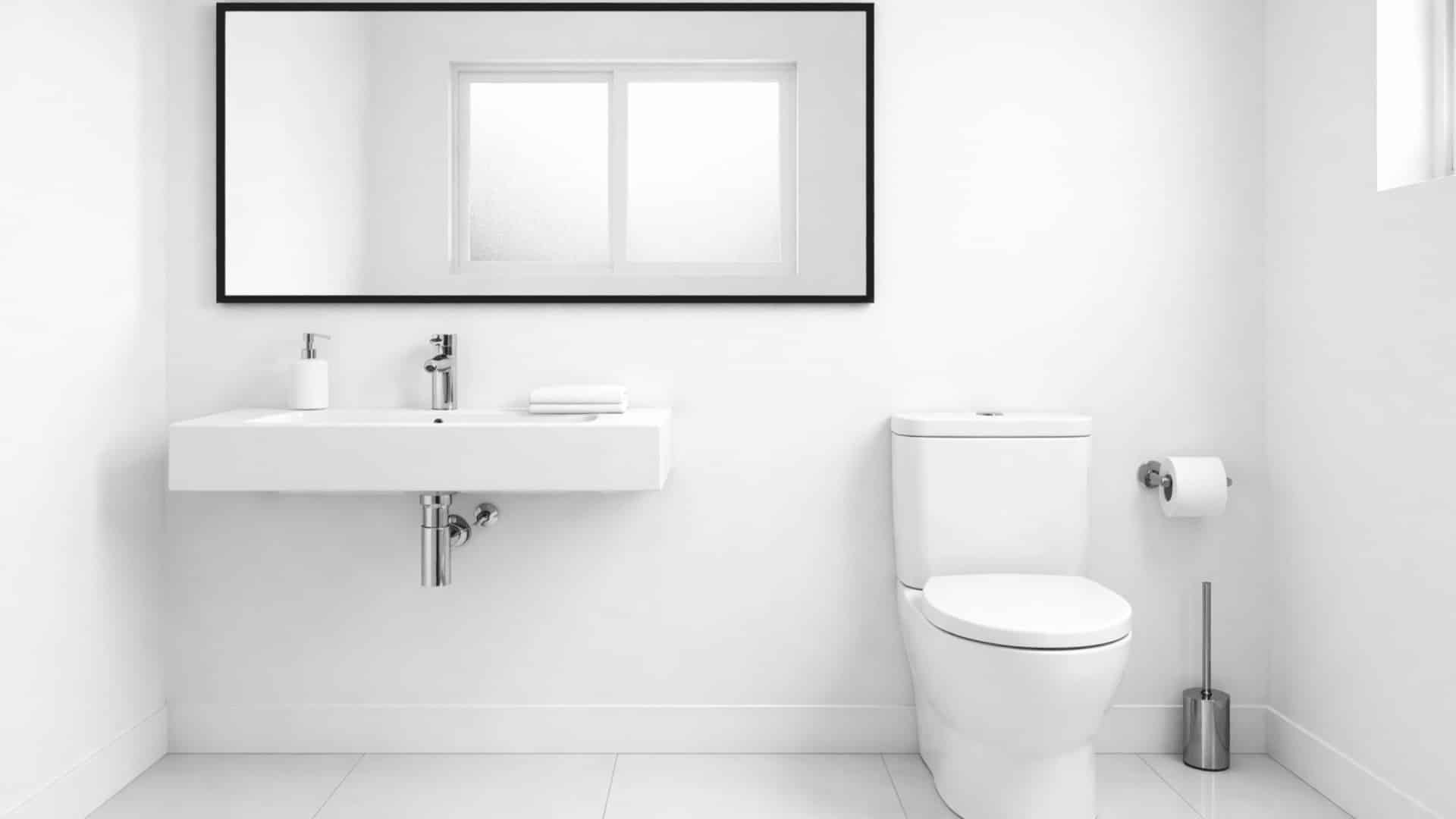small all white bathroom with black framed mirror above wall mounted sink and white toilet with natural light reflection