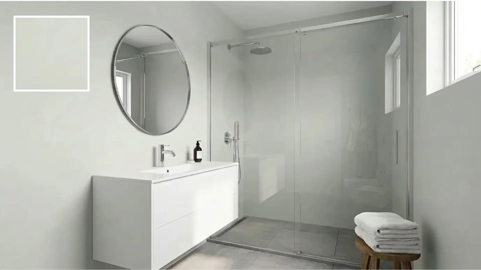 small bathroom with benjamin moore horizon walls creating a cool and open look