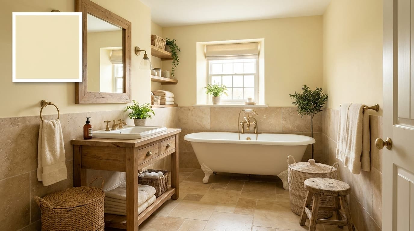 small bathroom with benjamin moore pale moon walls adding a warm soft glow
