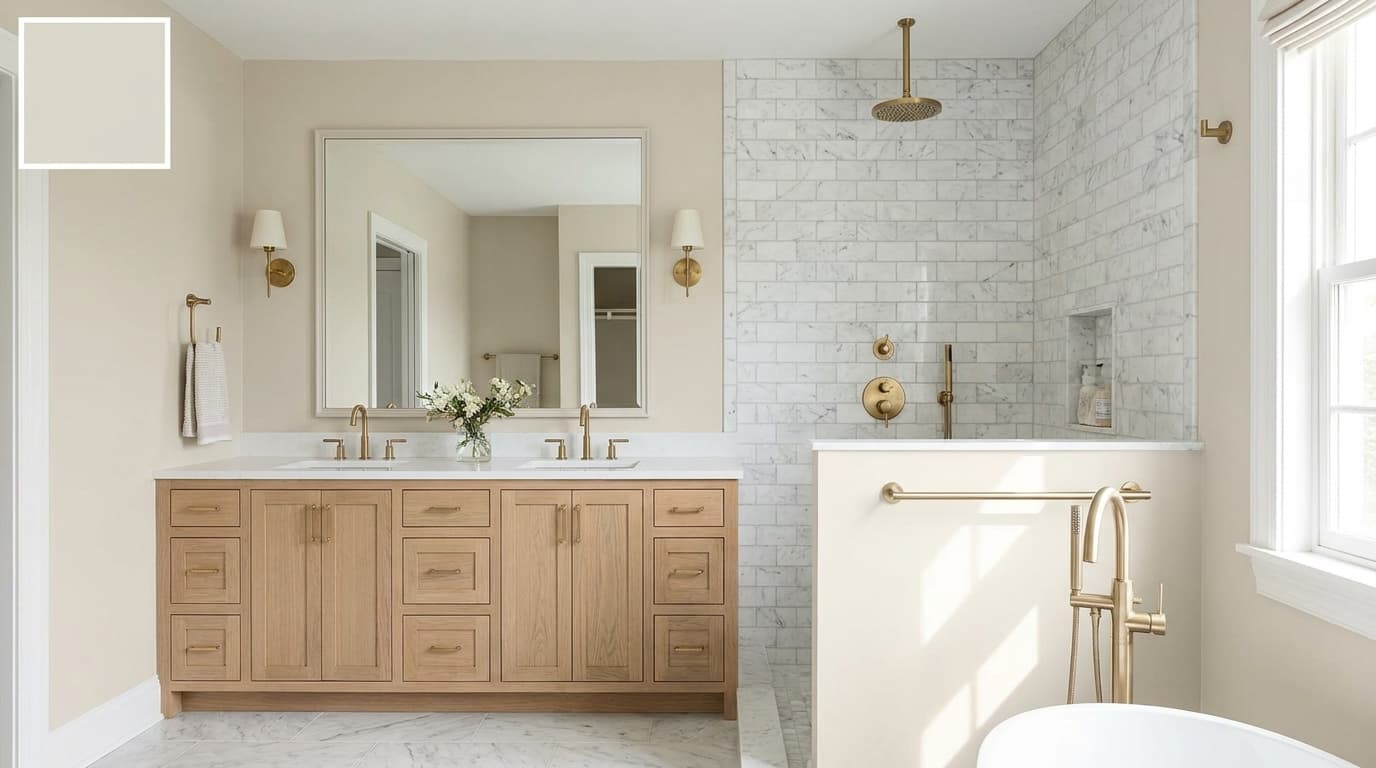 small bathroom with benjamin moore pale oak walls adding warmth and a soft neutral feel