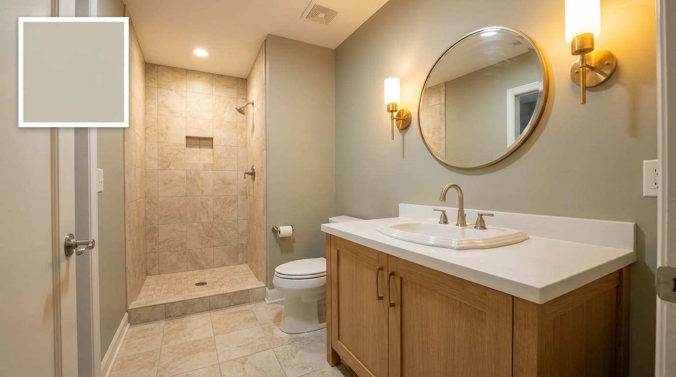 small bathroom with benjamin moore revere pewter walls adding depth and warmth