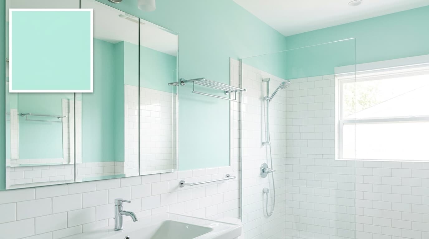 small bathroom with benjamin moore seafoam green walls making the space feel light and fresh