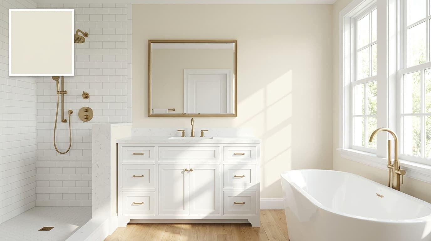 small bathroom with benjamin moore soft chamomile walls adding a light warm touch