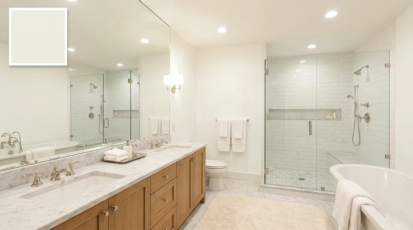 small bathroom with benjamin moore white dove walls making the room feel clean and open