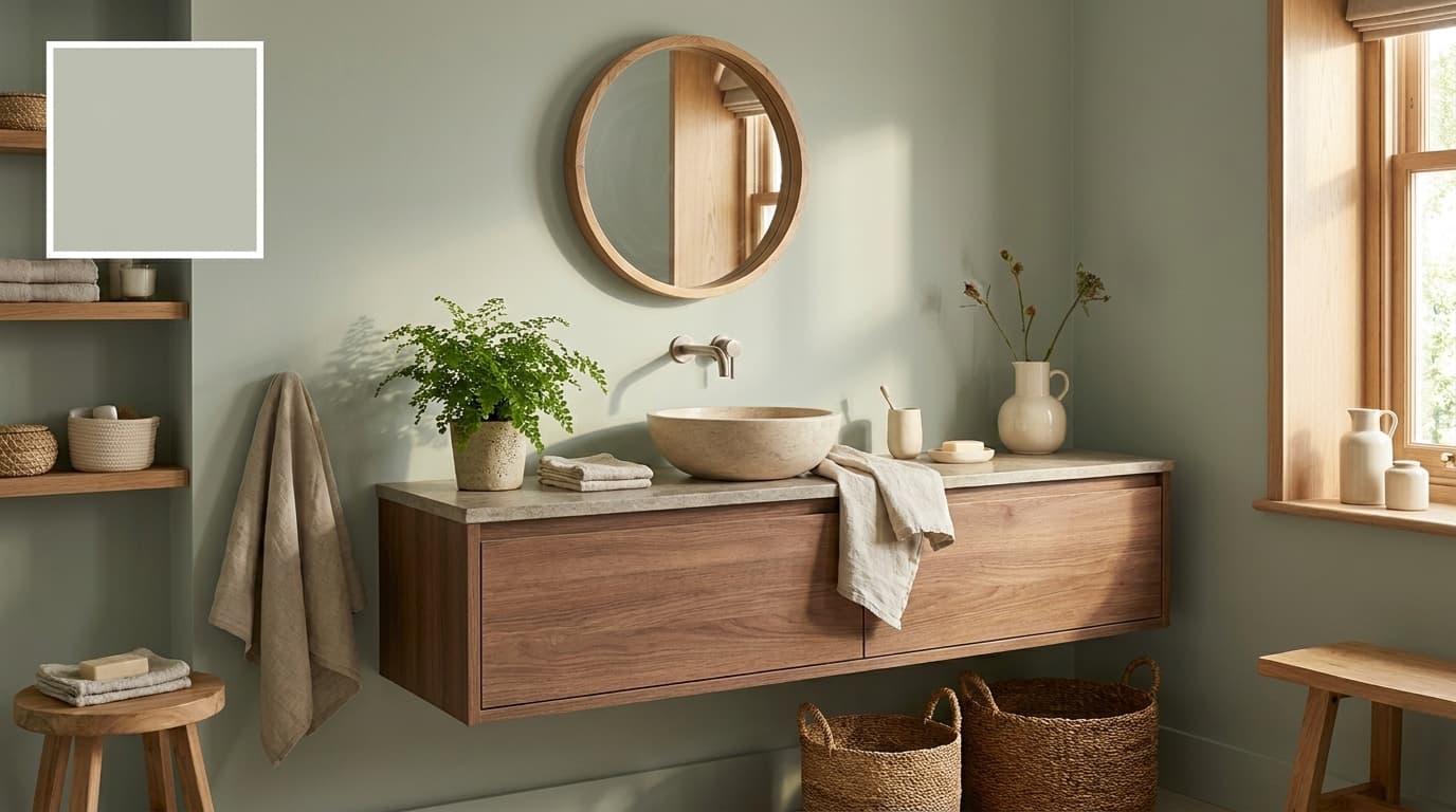 small bathroom with farrow and ball mizzle walls giving a soft earthy green look