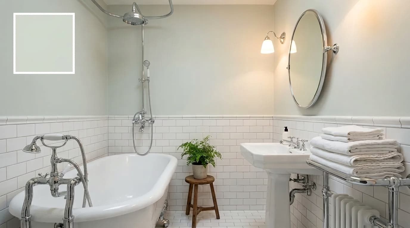 small bathroom with farrow and ball pale powder walls giving a soft calm tone