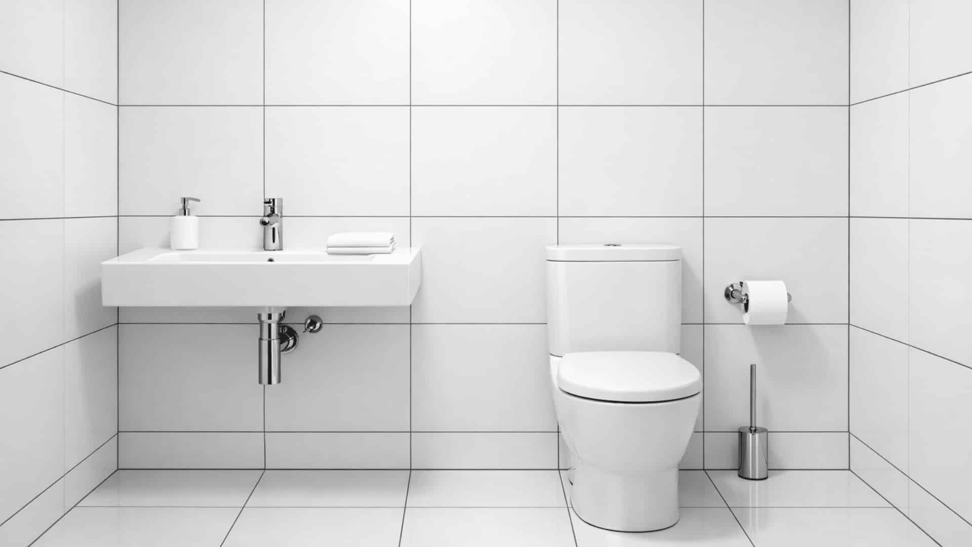 small bathroom with large white tiles and thin black grout, white sink and toilet, chrome fixtures