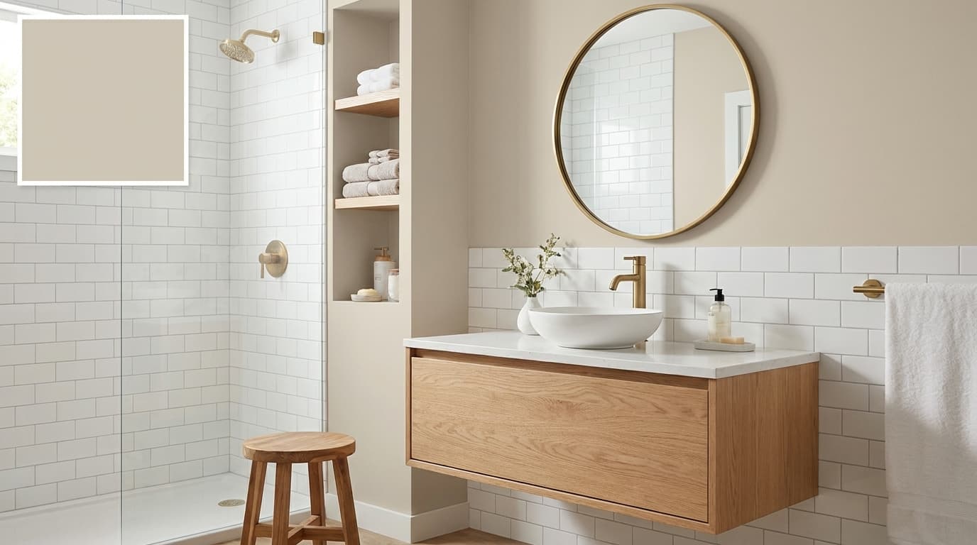 small bathroom with sherwin williams accessible beige walls creating a warm neutral feel
