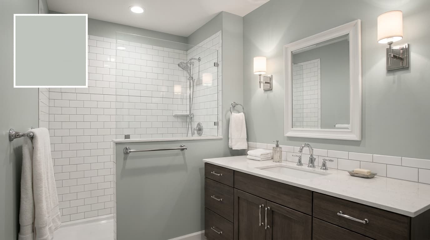 small bathroom with sherwin williams comfort gray walls creating a cool neutral feel