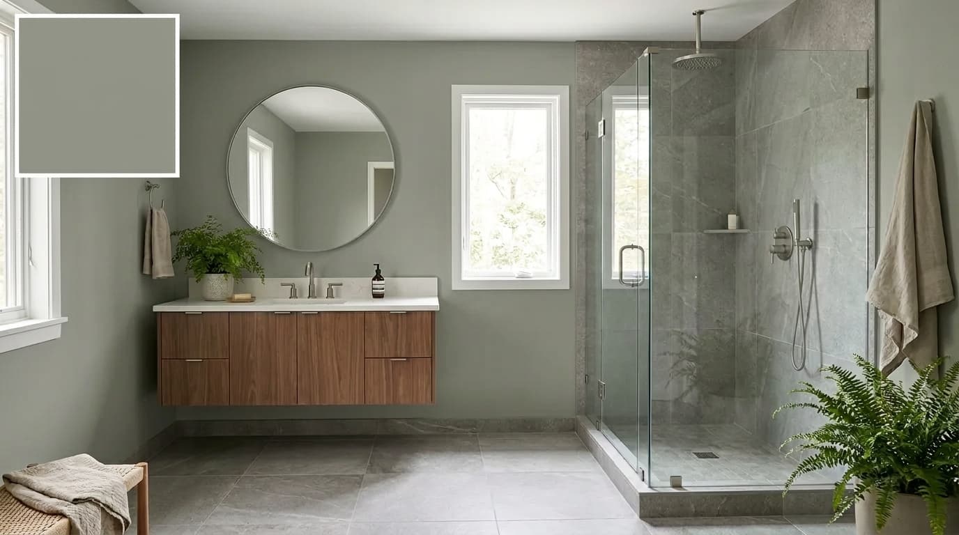 small bathroom with sherwin williams evergreen fog walls giving a calm muted green feel