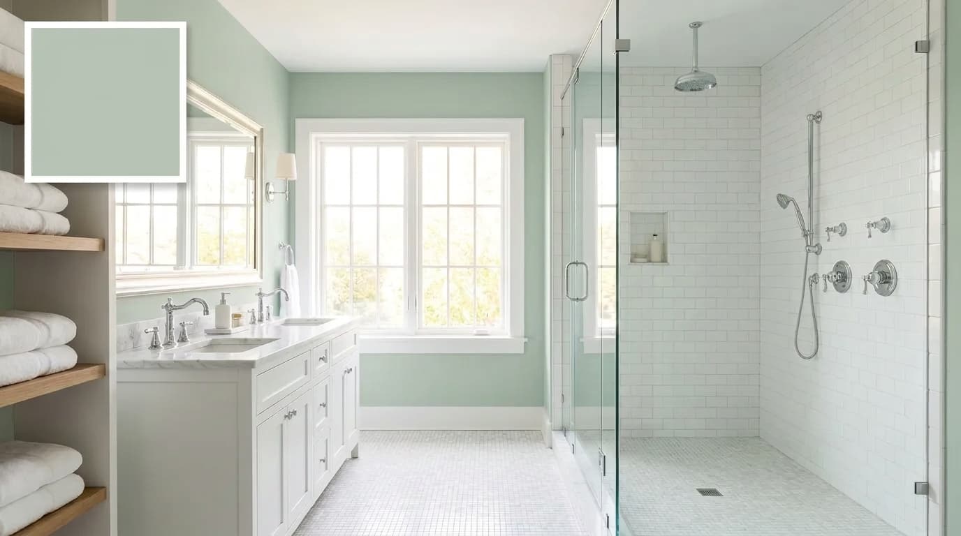 small bathroom with sherwin williams sea salt walls adding a cool and airy feel