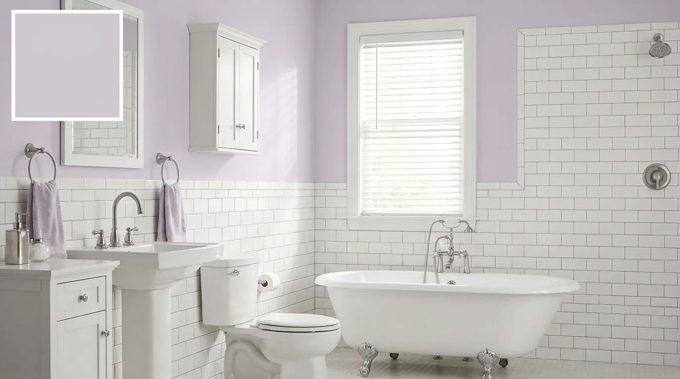 small bathroom with sherwin williams sensitive tint walls giving a soft light lavender feel
