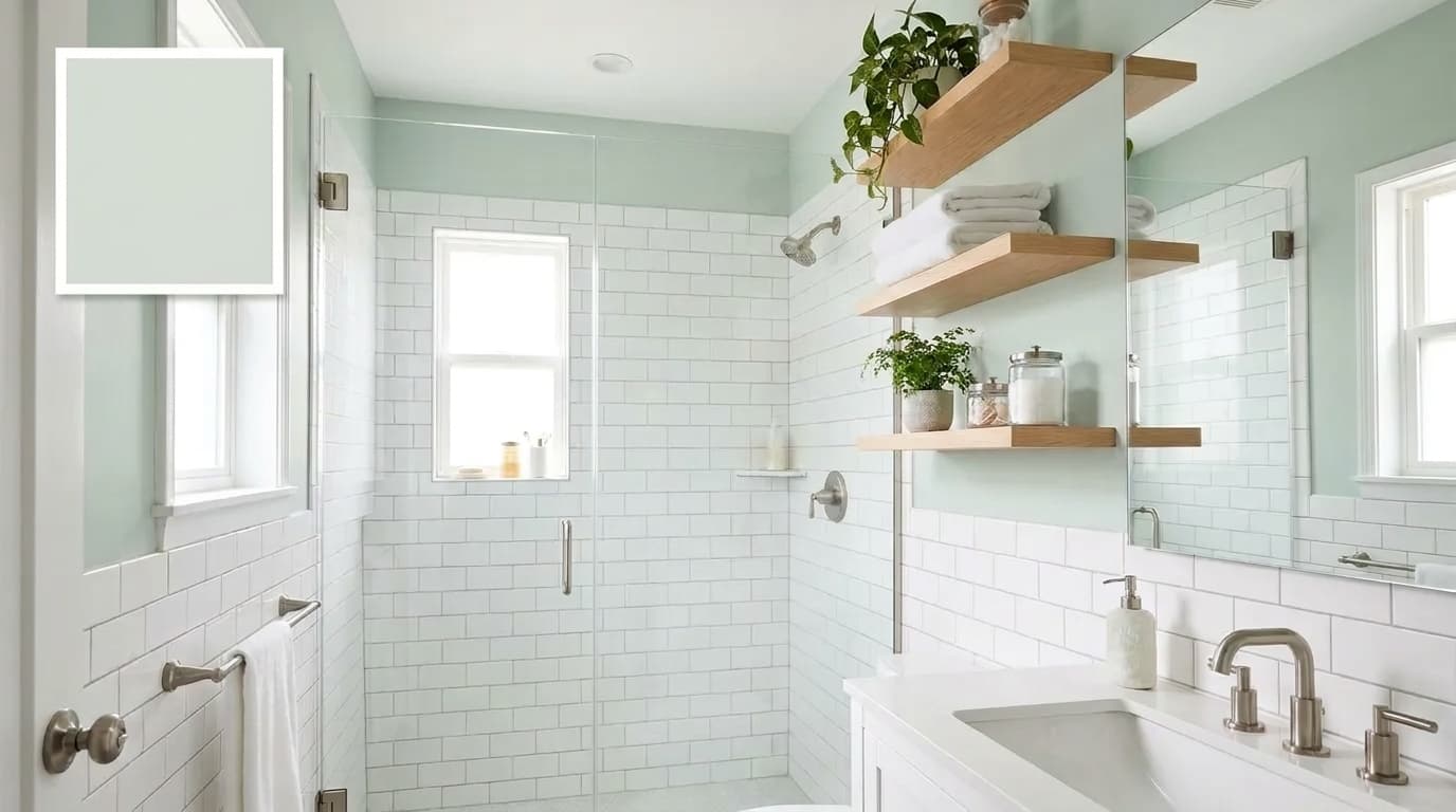 small bathroom with sherwin williams window pane walls creating a light fresh look