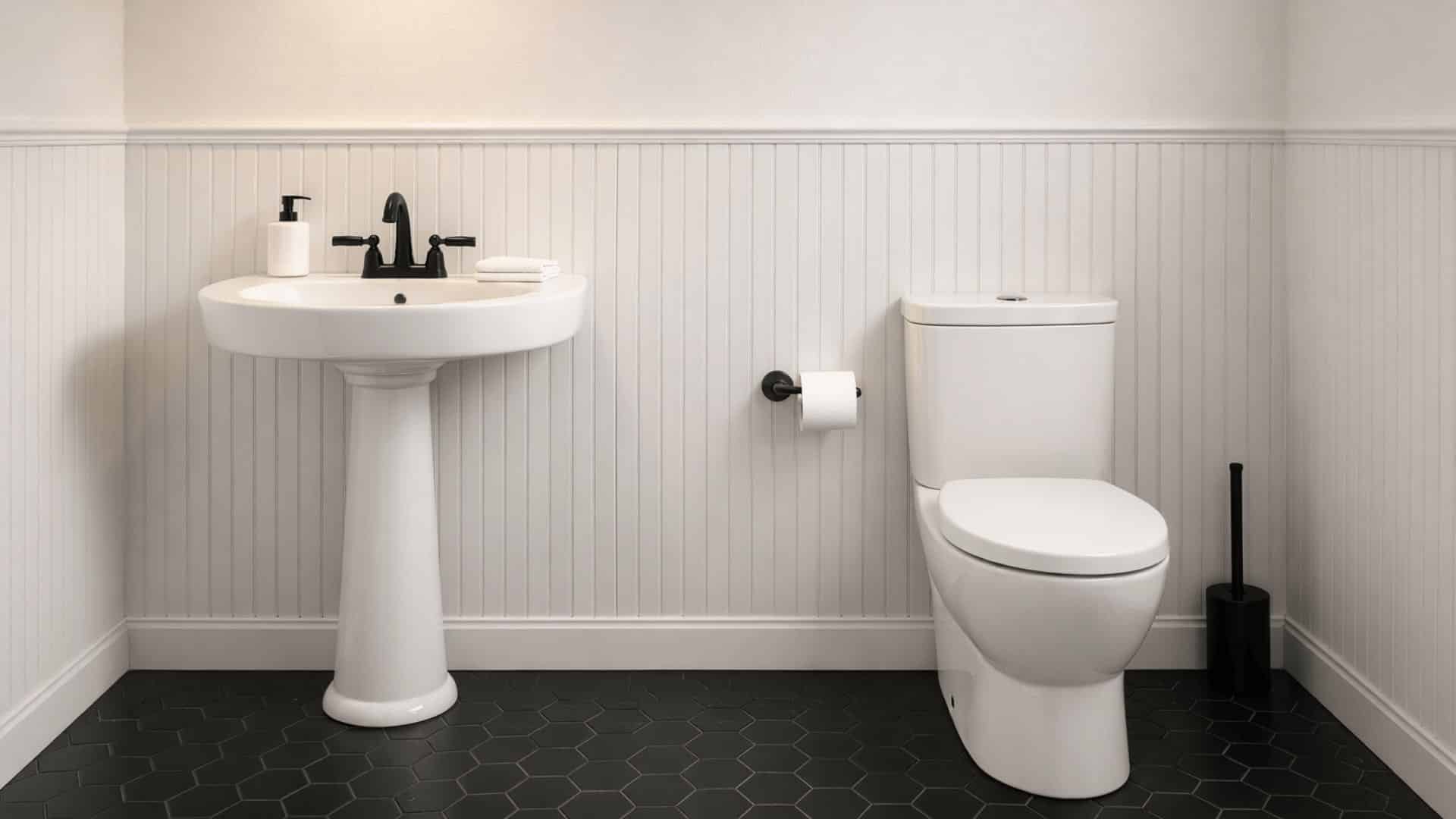 small bathroom with white beadboard walls, black hex tile floor, pedestal sink, toilet, and matte black fixtures