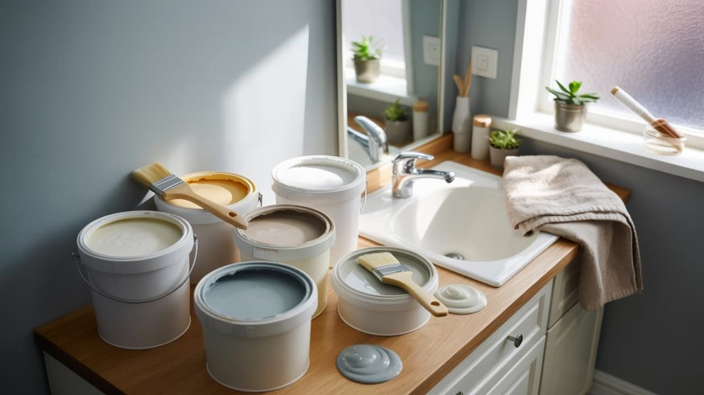 small paint buckets with light neutral shades in a bright bathroom setting showing soft color choices (1)