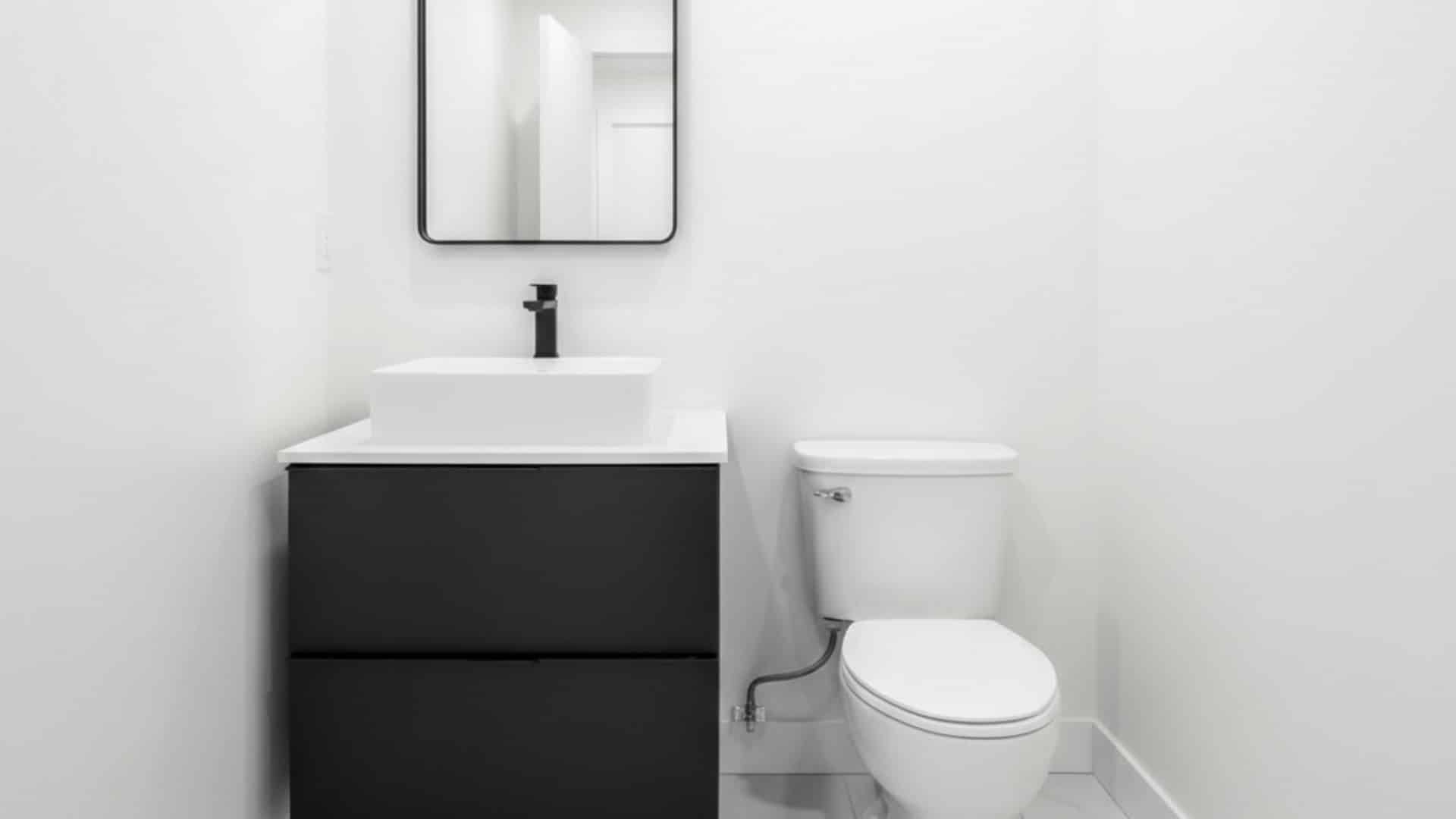 small white bathroom featuring a matte black vanity, vessel sink, black-framed mirror, and a white toilet.