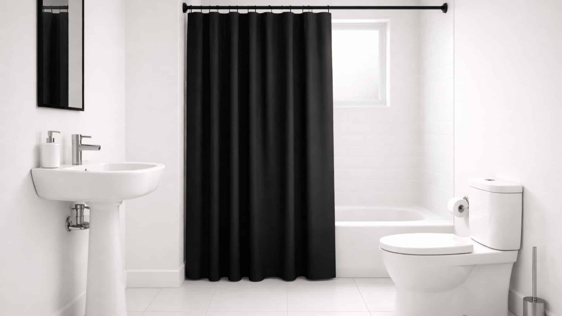 small white bathroom with black shower curtain, white tub, pedestal sink, toilet, and natural light from window