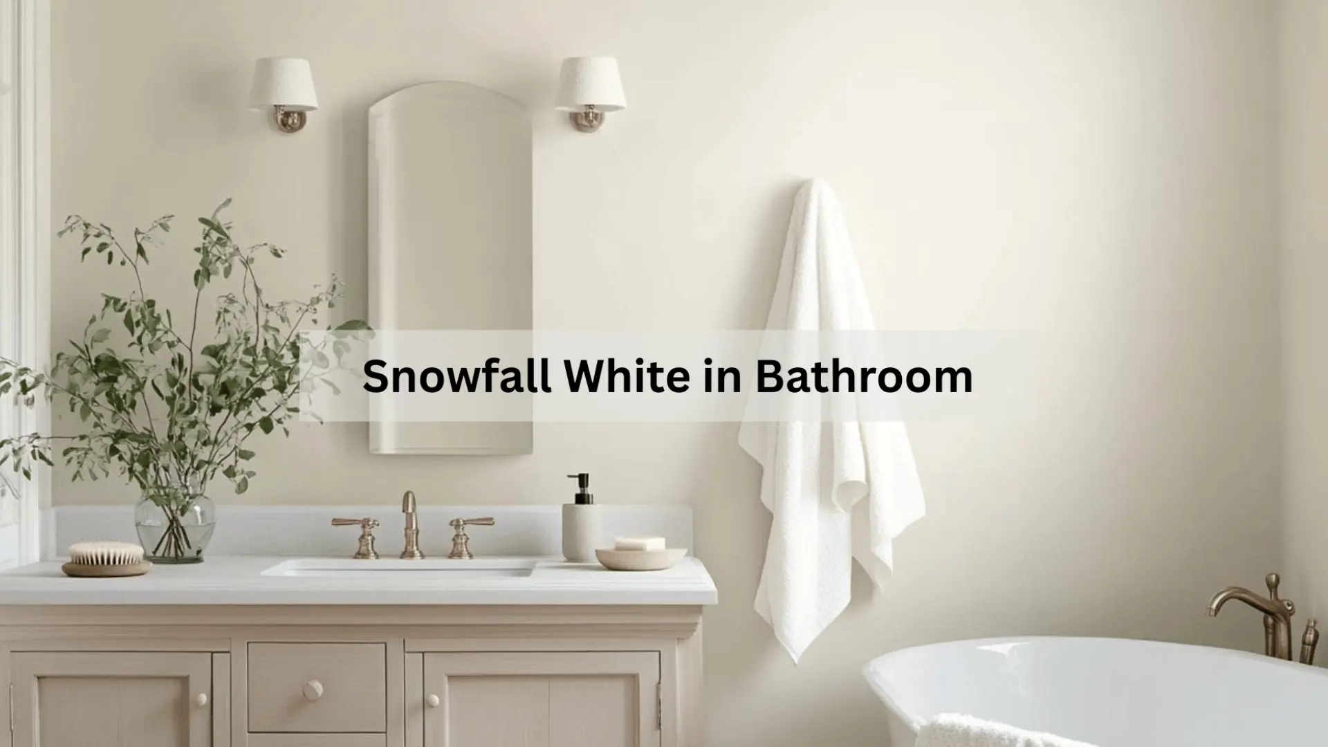 snowfall white painted bathroom with cream vanity, arched mirror, bronze fixtures, freestanding tub, and green botanicals