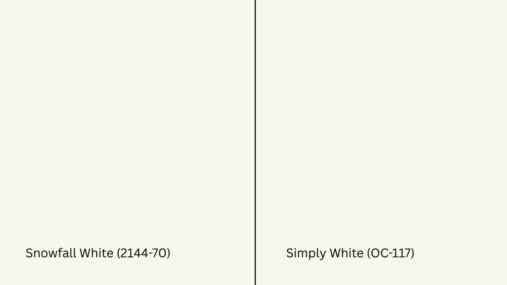 snowfall white vs. simply white paint swatch; simply white shows a warmer, more yellow tone by comparison