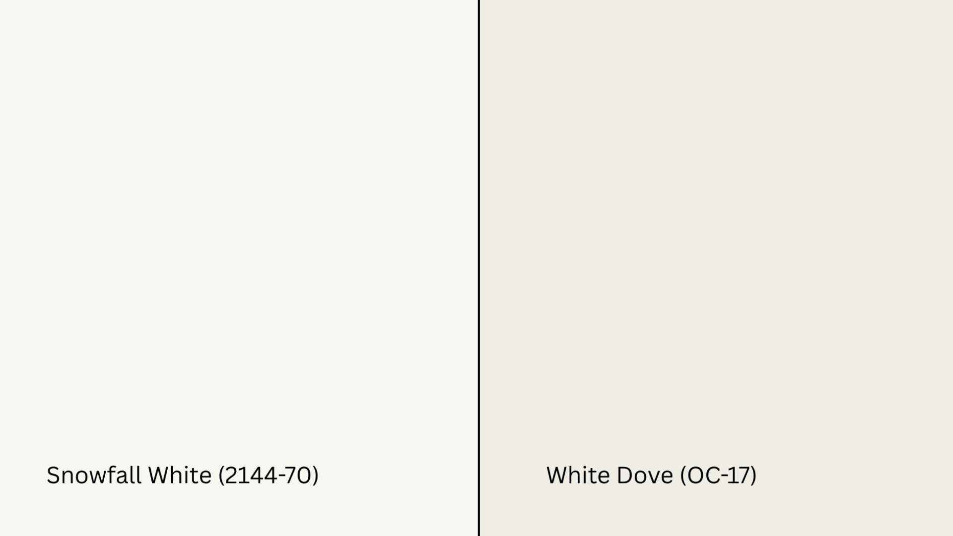 snowfall white vs. white dove swatch; white dove looks more muted and gray with a softer, creamier feel