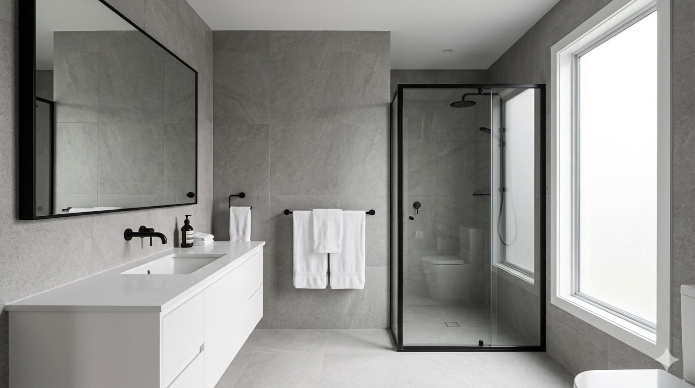soft grey and black bathroom with matte fixtures, grey wall tiles, white vanity, and black framed mirror