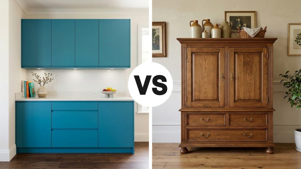 split-image comparison of a teal modern built-in cabinet vs a traditional freestanding wood cupboard in a bright room