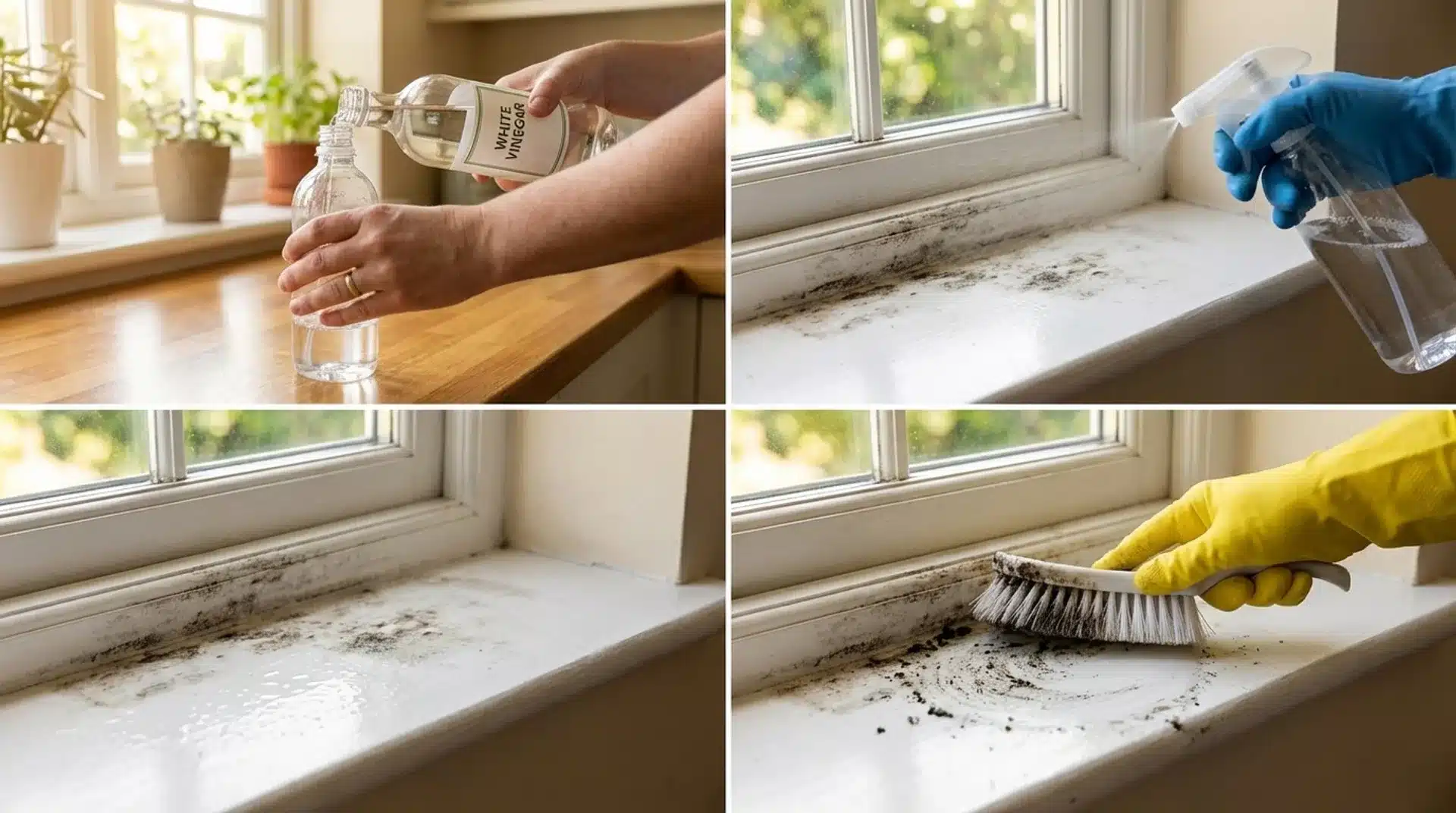 step by step cleaning of mold on window sill using vinegar spray, applying solution, and scrubbing surface with brush