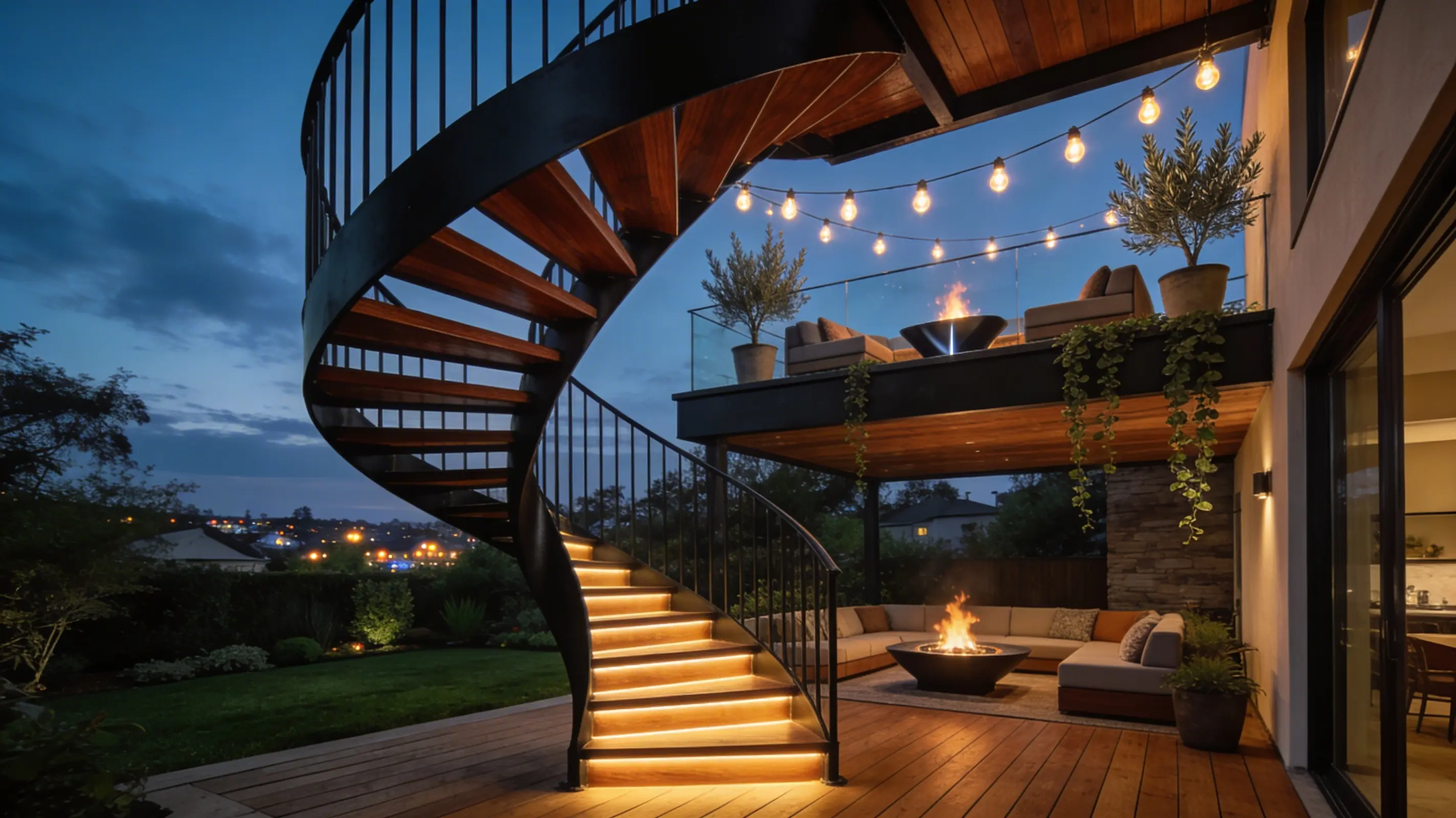 striking black powder-coated metal and rich mahogany spiral staircase connecting a spacious lower wooden deck to an exclusive rooftop lounge