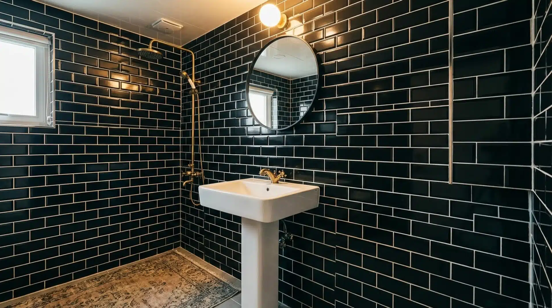 stylish bathroom wall covered in glossy black subway tiles with crisp white grout lines that clearly highlight the classic brick pattern