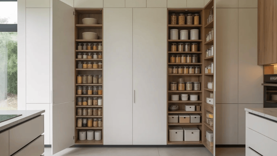 tall pantry cabinets in a modern kitchen with deep and slim storage options for bulk items in a clean organized layout