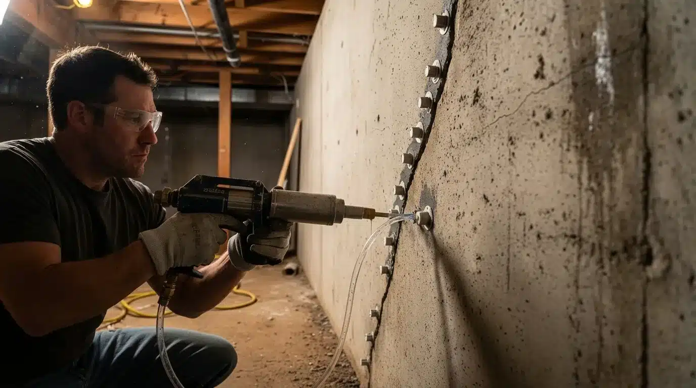 technician injecting epoxy into cracked basement concrete wall using repair gun and ports, sealing structural crack
