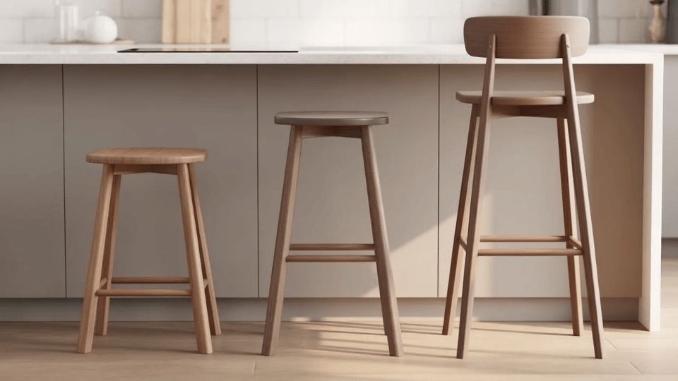 three different bar stools showing counter height, standard bar height, and extra tall height side by side