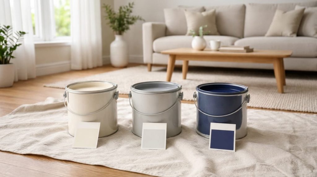 three paint buckets with white gray and navy blue colors and matching swatches in a modern living room