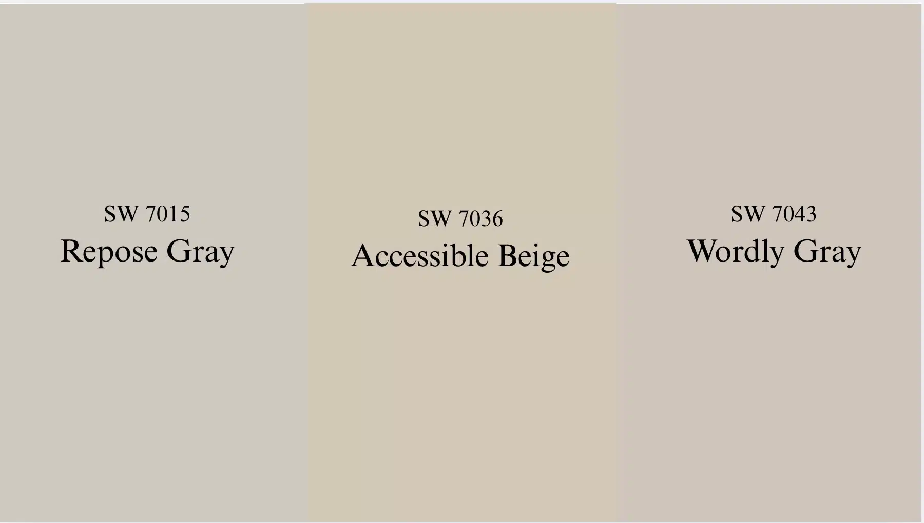 Three Sherwin-Williams paint swatches showing Repose Gray, Accessible Beige, and Worldly Gray with their color codes