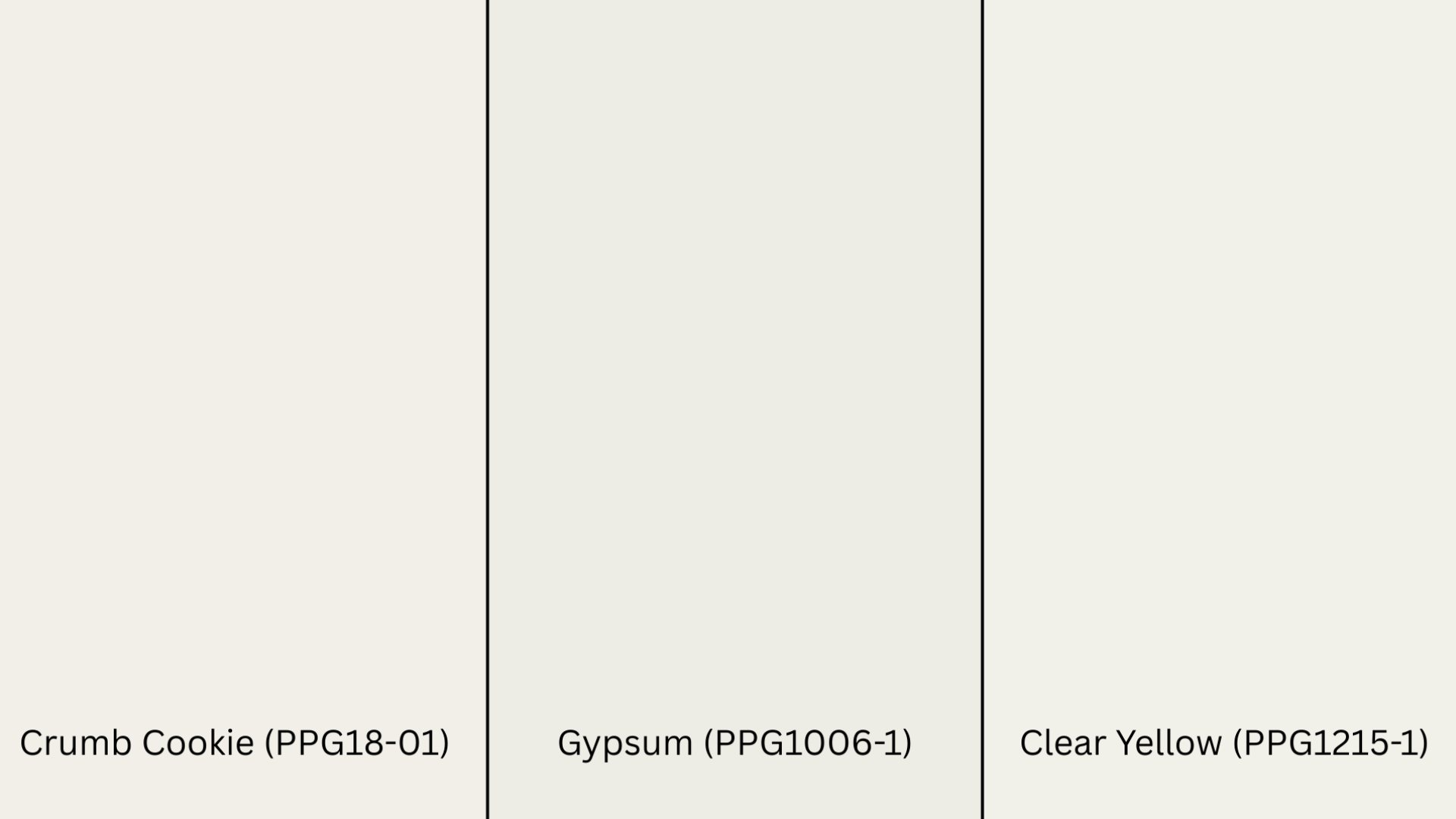 three paint swatches side by side showing crumb cookie, gypsum, and clear yellow as snowfall white alternatives