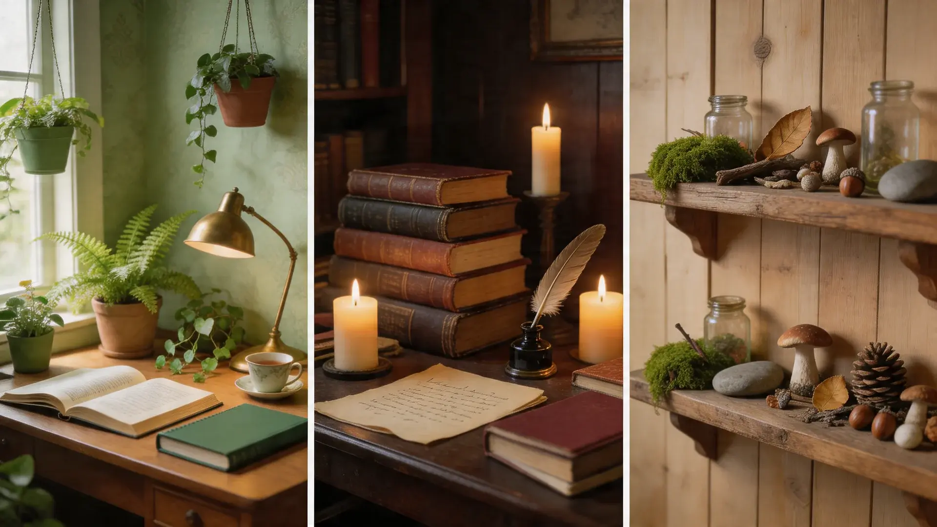 Three scenes with a green study desk, a dark desk with candles and books, and a shelf with moss, stones, twigs, and dried leaves