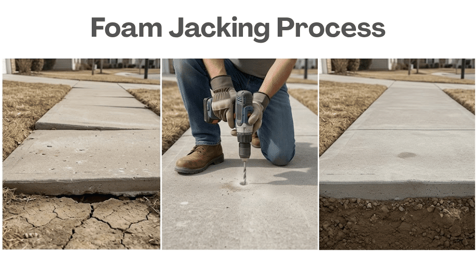 three step foam jacking process showing sunken slab drilling hole and leveled concrete after repair