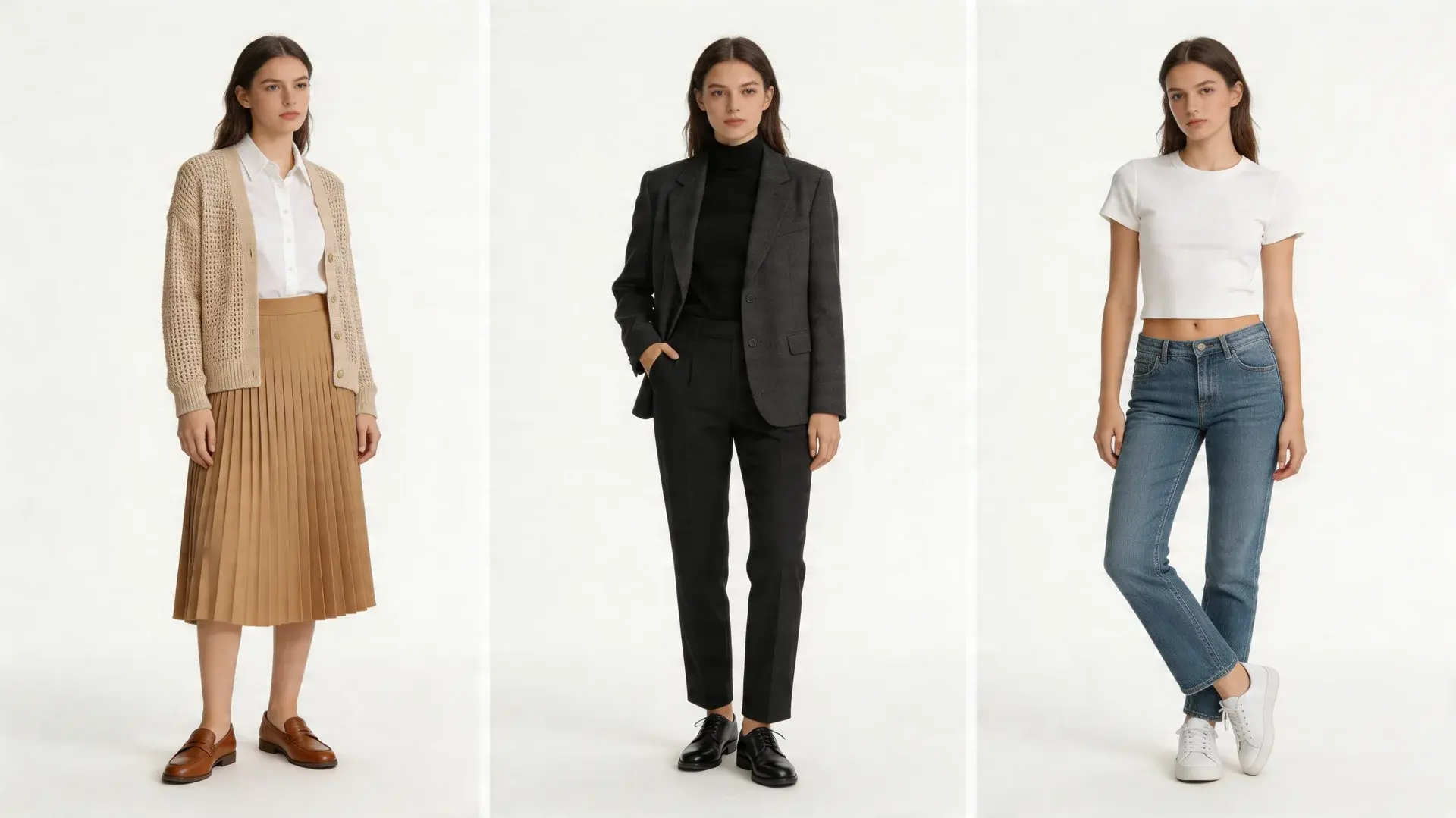 Three women in panels wearing light, dark, and casual outfits with footwear