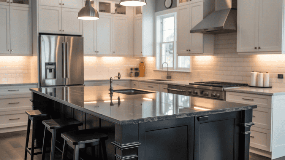timeless kitchen cabinet colors with black island and white cabinets in bright modern kitchen