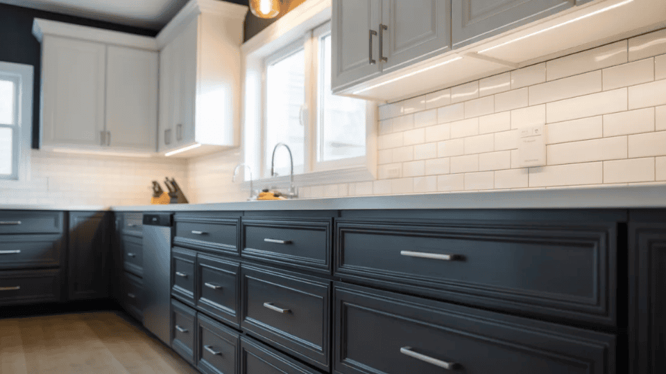 timeless kitchen cabinet colors with black lower cabinets and white upper cabinets in modern kitchen